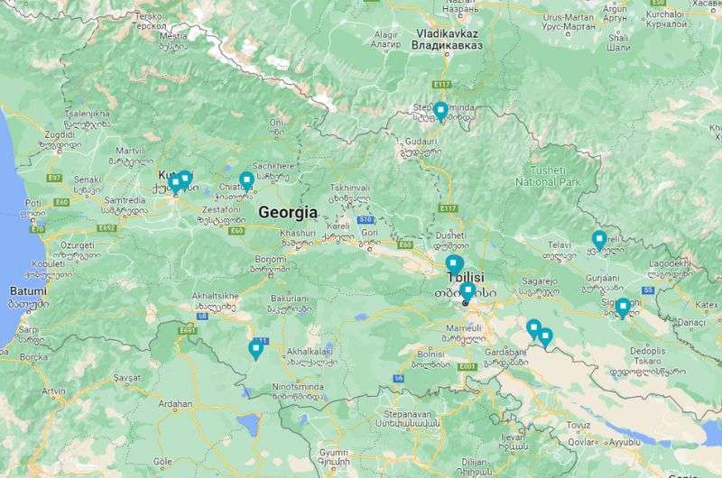 Map of monasteries and churches in Georgia (country)