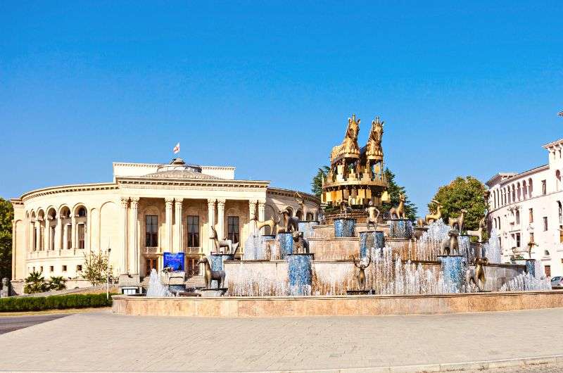 Colchis Fountain and Meskhishvili Theatre in central Kutaisi, Georgia