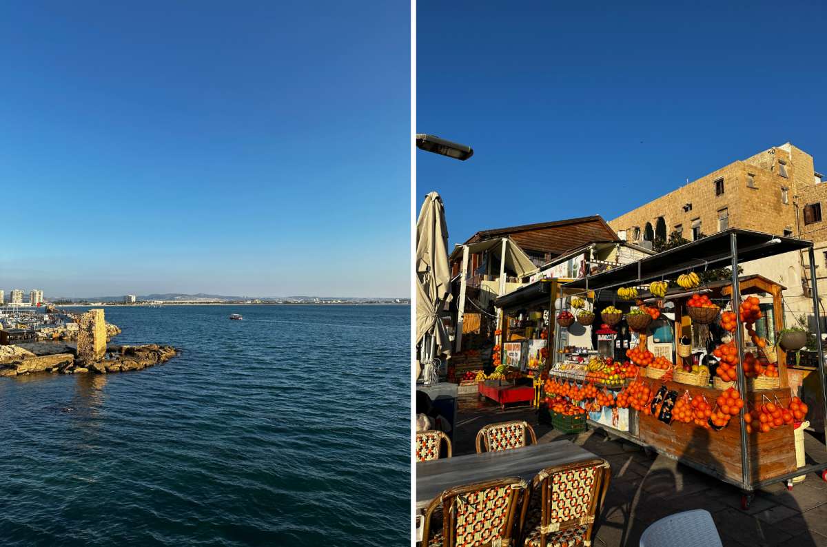 Akko Harbor with the Mediterranean Sea on a sunny day and a colorful fruit stand in Akko, Israel, photo by Next Level of Travel