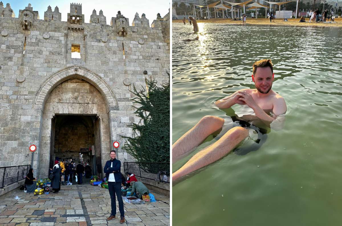 Damascus Gate in Jerusalem, Israel next to a traveler floating in the Dead Sea, Israel, photo by Next Level of Travel