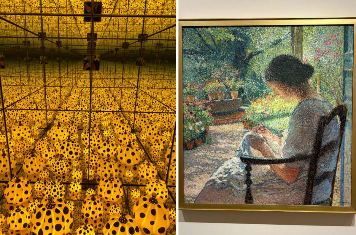 Modern art installation with mirrored walls and yellow pumpkin sculptures at the Tel Aviv Museum of Art, alongside an impressionist painting of a woman sewing