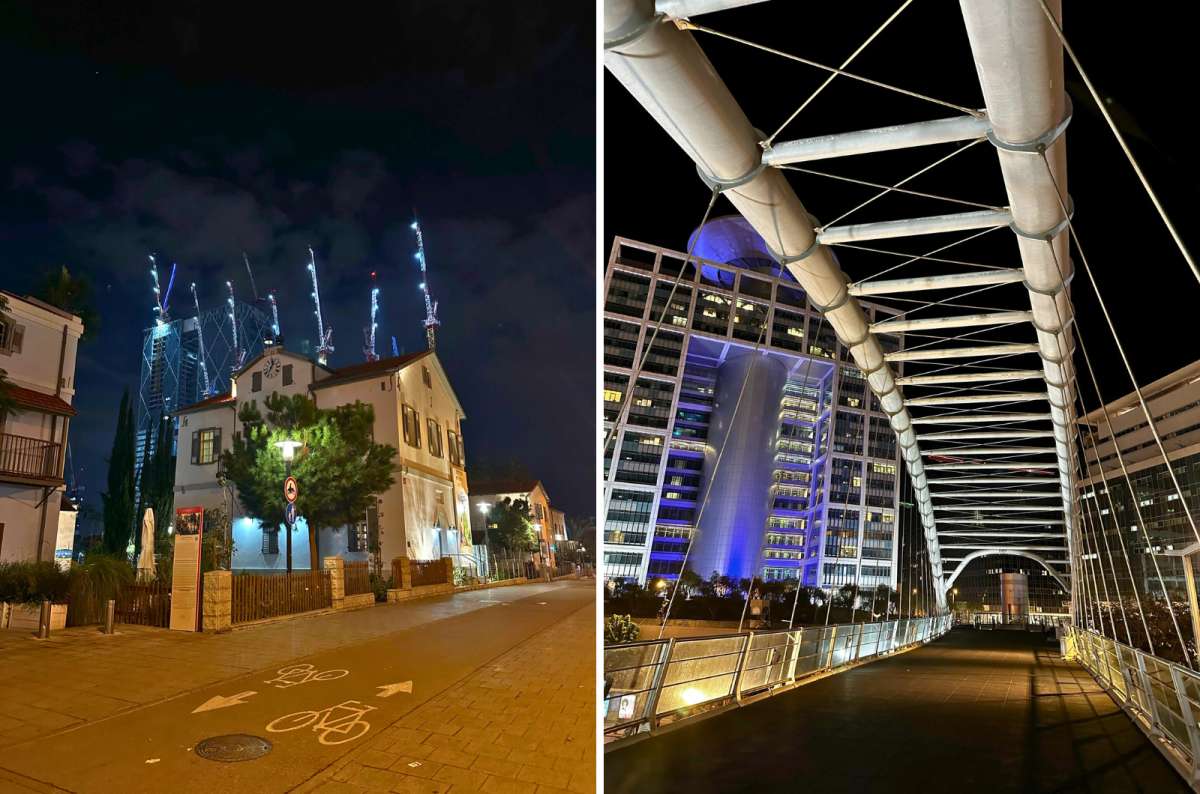 Night views of Tel Aviv, Israel showing a quiet street in the Neve Tzedek area with modern skyscrapers in the background, photo by Next Level of Travel