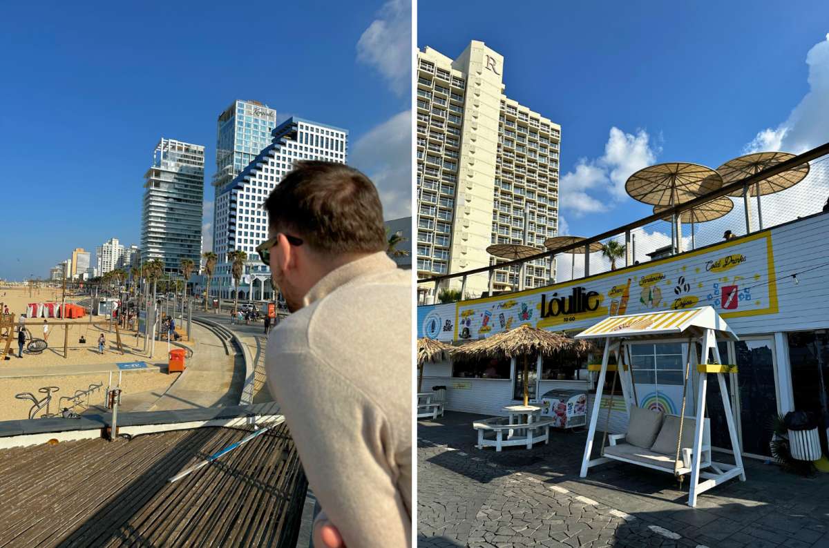 Tel Aviv, Israel beachfront with modern buildings and a traveler overlooking the promenade on a sunny winter day, alongside a colorful beach café in Tel Aviv, Israel, photo by Next Level of Travel