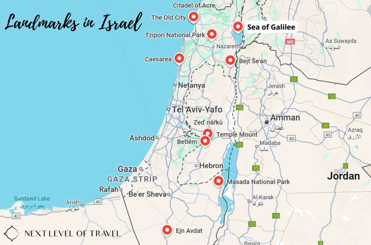 Map of major landmarks in Israel including Jerusalem, Caesarea, Tzipori National Park, the Sea of Galilee, Masada National Park, and Ein Avdat, created by Next Level of Travel