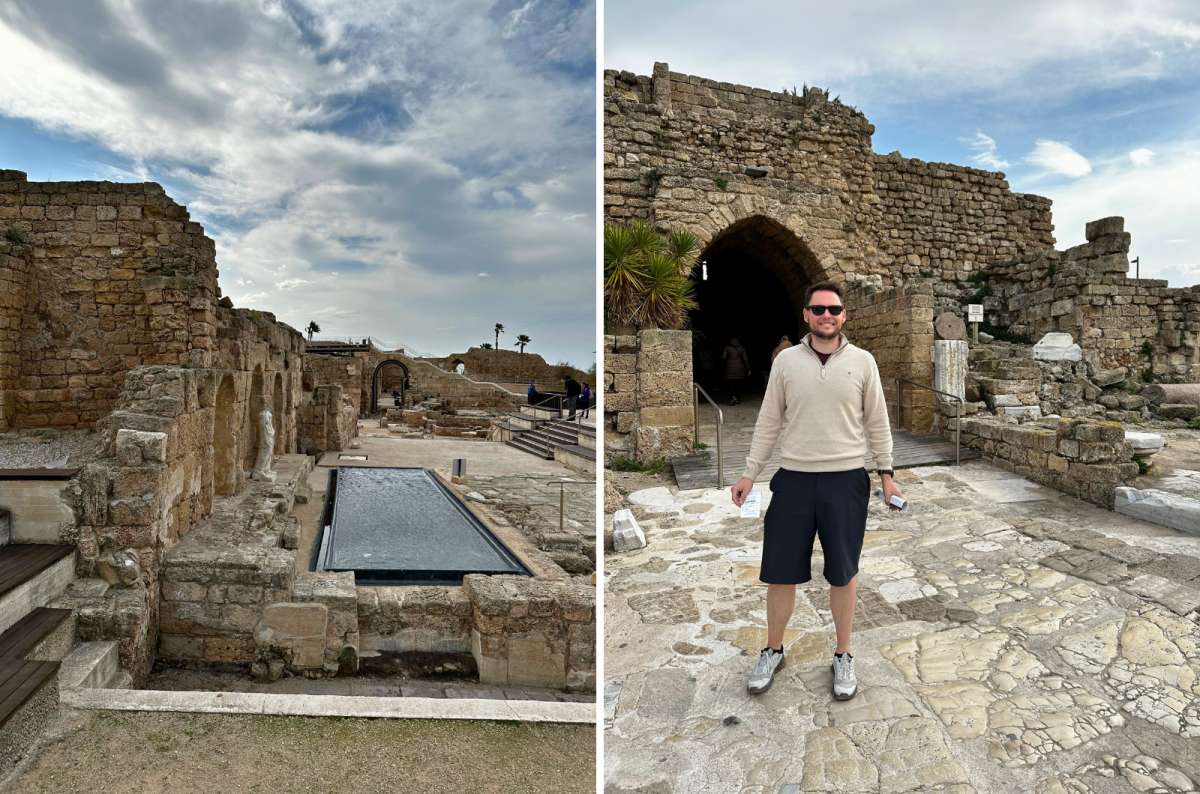 Ruins inside Caesarea National Park in Israel, including ancient stone structures and archways near the historic city gate, photo by Next Level of Travel