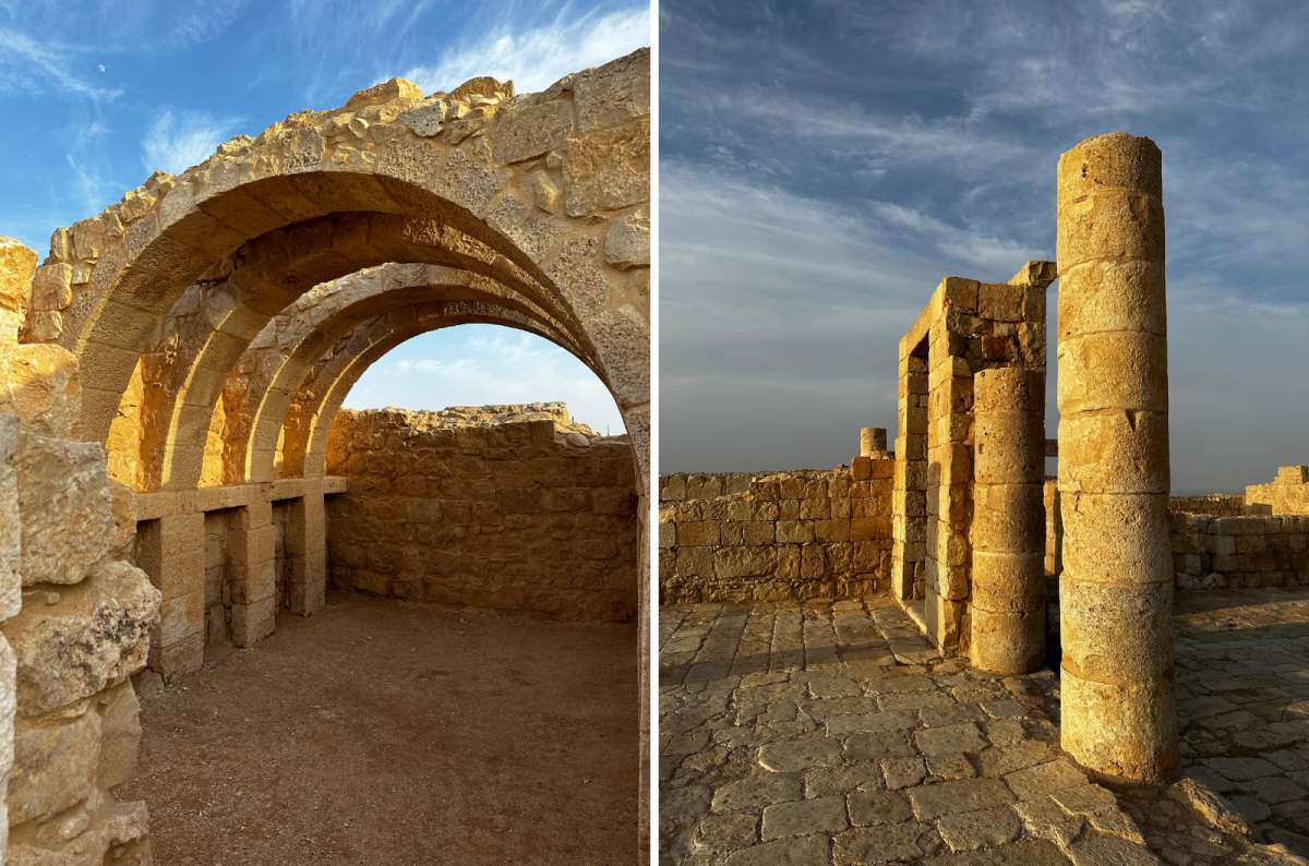 Ruins of Avdat National Park in the Negev Desert, Israel, showing Nabatean arches and stone columns at sunset, photo by Next Level of Travel