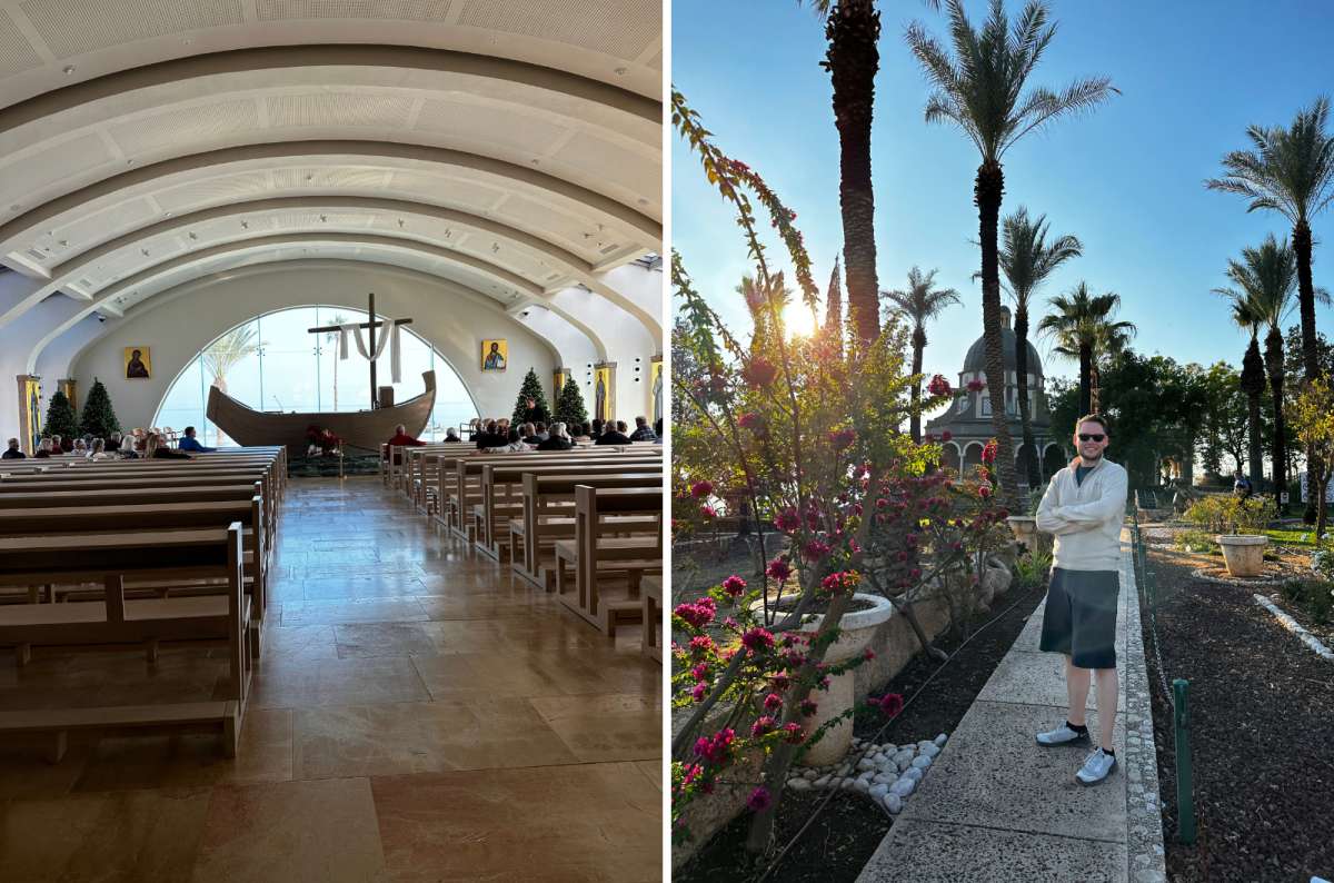 Scenes from the Sea of Galilee region in Israel, showing the interior of the Duc In Altum church in Magdala and the gardens at the Mount of Beatitudes, photo by Next Level of Travel