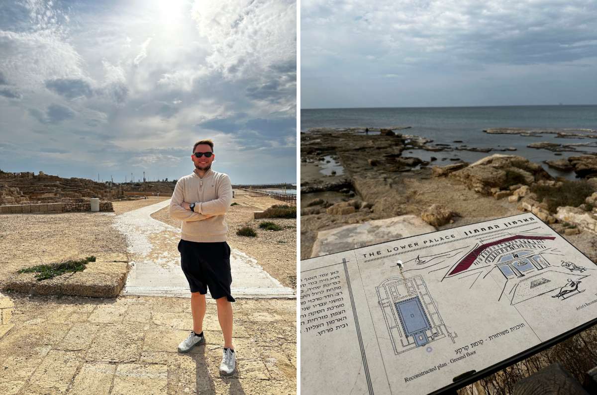 Views of Caesarea National Park in Israel, showing ruins near the ancient harbor and an informational sign about the Lower Palace, photo by Next Level of Travel