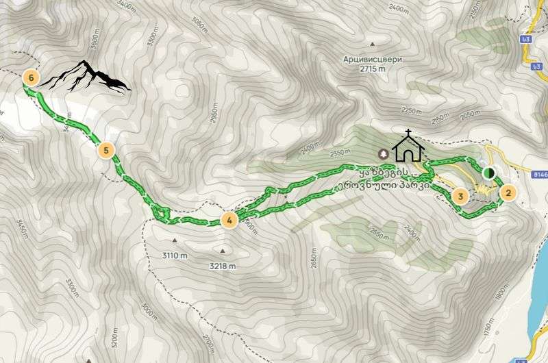 Map of day hike to Gergeti Glacier, Georgia day hikes