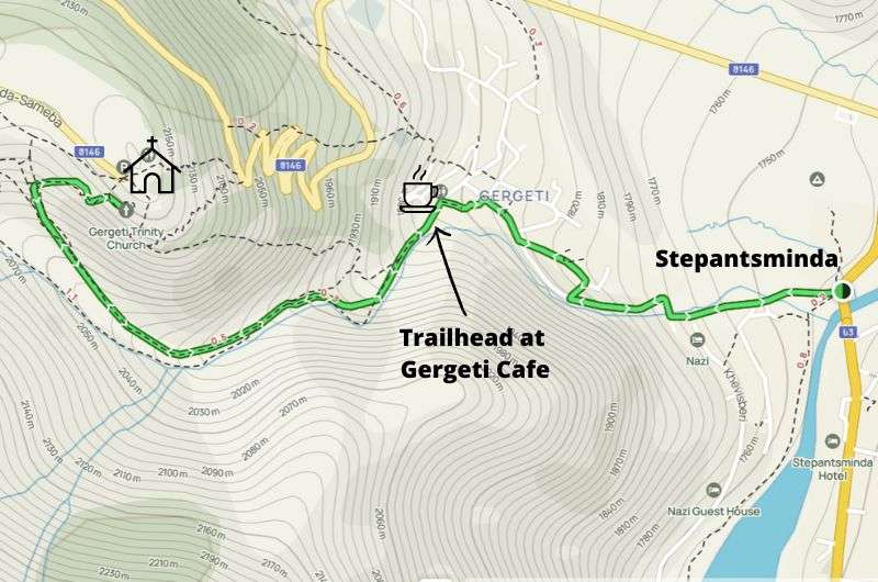 Map of Gergeti Trinity Church hike