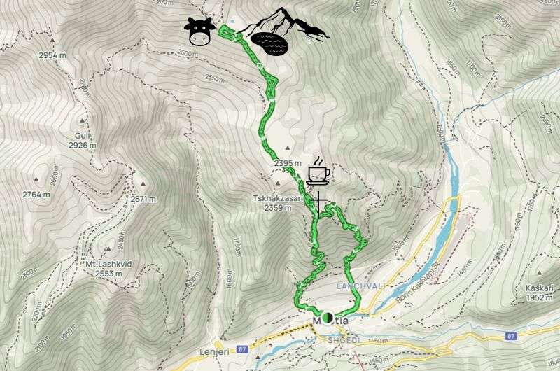 Map showing hike to Koruldi Lakes near Mestia