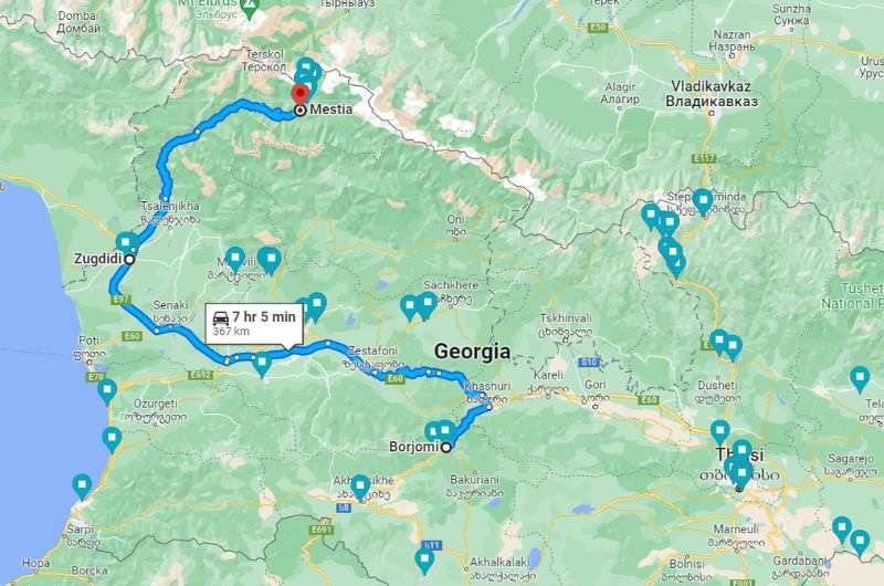 Map showing route from Borjomi to Mestia through Zugdidi, Georgia