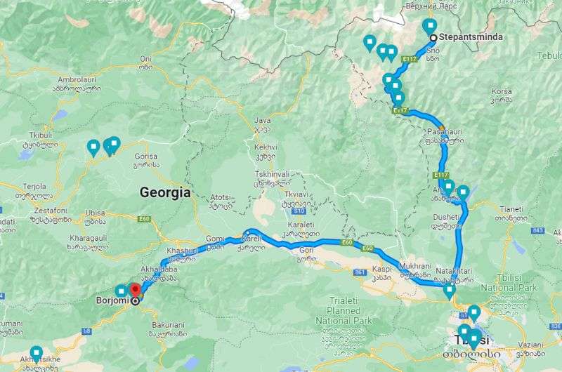 Map showing route from Stepantsminda to Borjomi, Georgia
