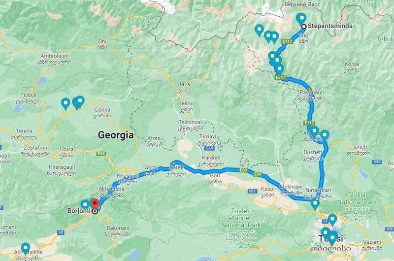 Map showing route from Stepantsminda to Borjomi, Georgia