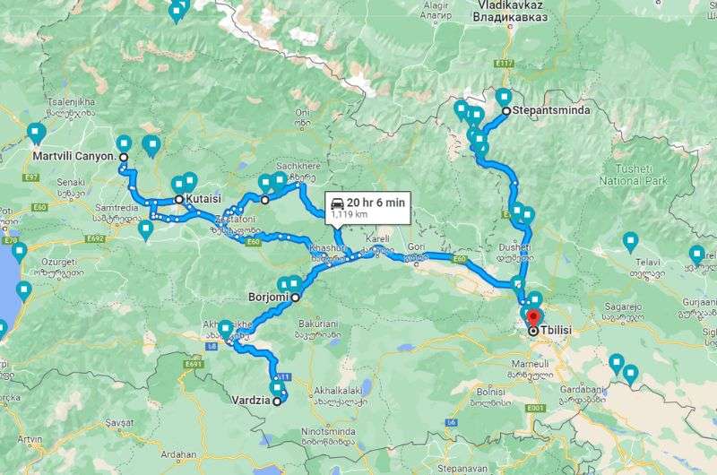 Map showing route of Georgia itinerary 7 days