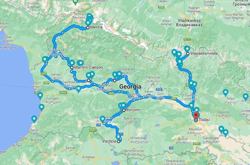 Map showing the route of this Georgia itinerary for 10 days