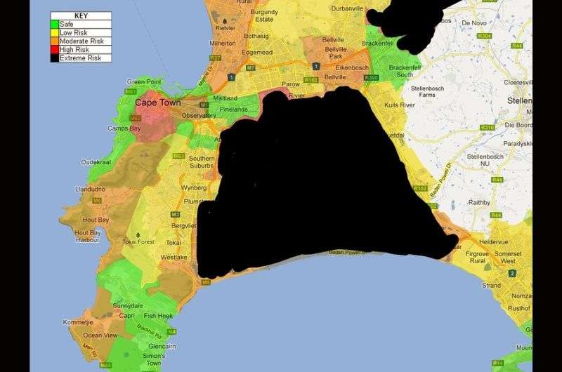 Map showing the safe and unsafe areas in Cape Town