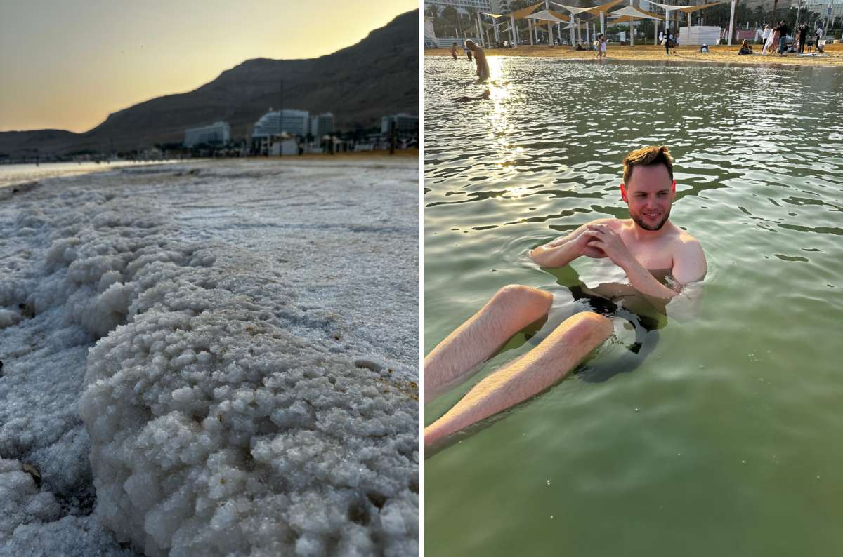 a collage of photos of a tourist posing in the Dead Sea, Israel, photo by Next Level of Travel