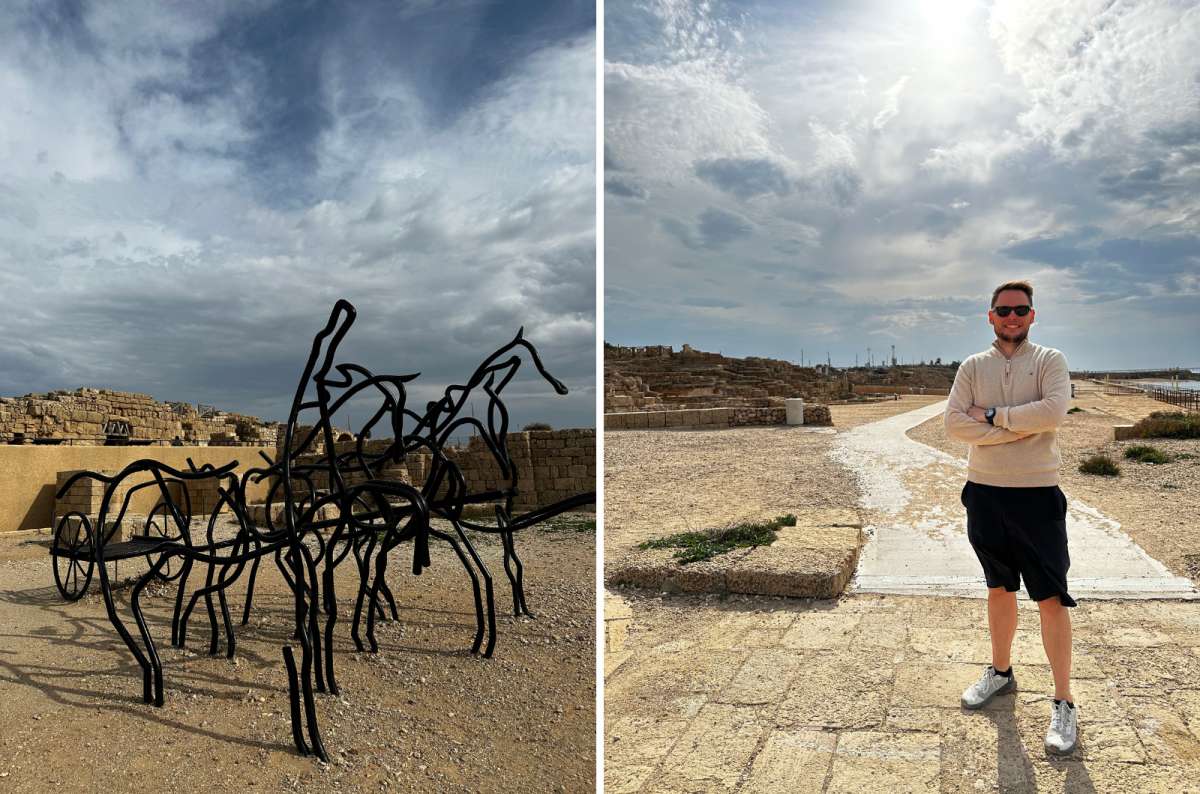 a photo of a tourist posing at Caesarea next to a photo of a metal horse-shaped sculpture at Caesarea, Israel, photo by Next Level of Travel