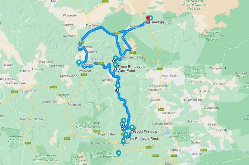 Day 1 of Panorama Route 2 day itinerary map, South Africa Panorama Route