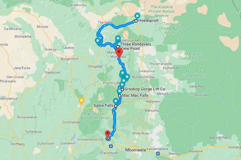 Day 2 of Panorama Route 2 day itinerary map, South Africa Panorama Route