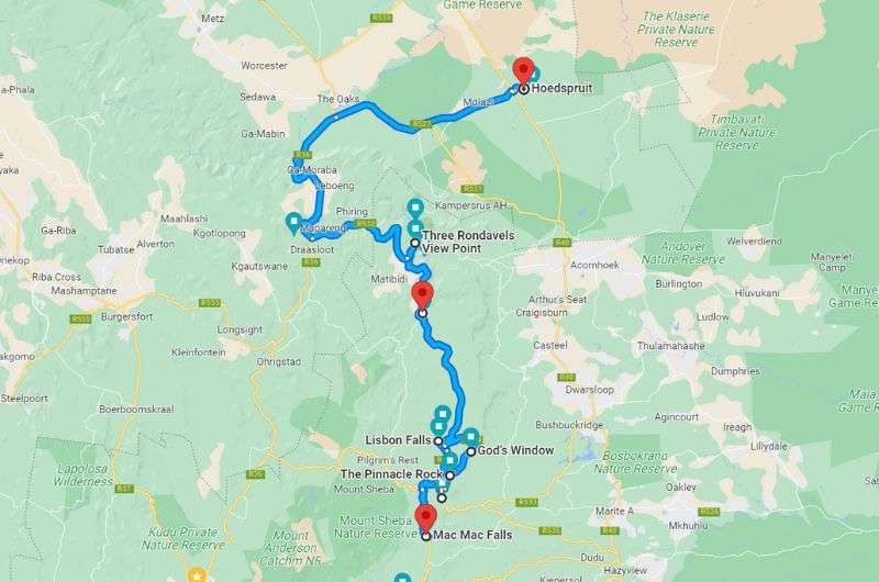 Panorama Route in one day itinerary map, South Africa Panorama Route
