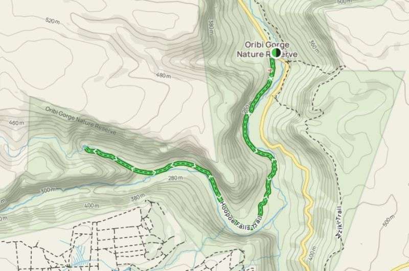 A map showing the Origi Gorge hike to Hoopoe Falls, Drakensberg hiking trails, South Africa