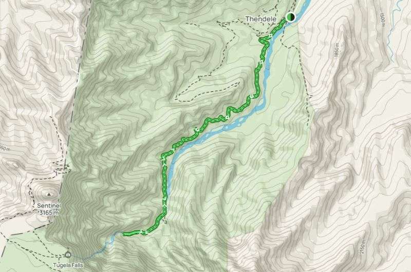 A map showing the route of the Tugela Gorge hike, Grakensberg Hiking Trails