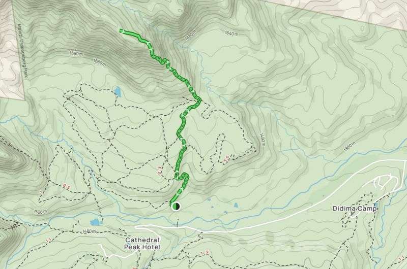 Map showing route of Baboon Rock hike in Drakensberg, South Africa