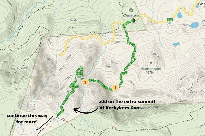 Map showing the Breakfast Stream hike in Champagne Valley, Drakensberg hiking trails