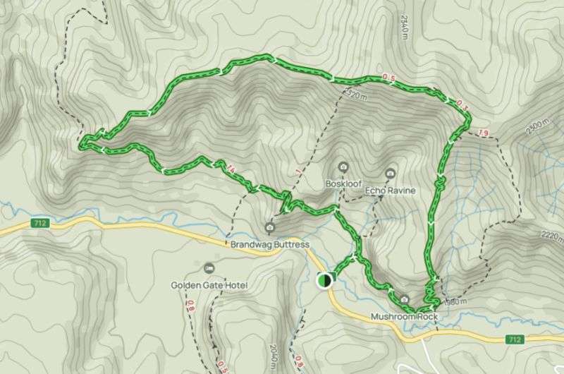 Map showing the hike on Wodehouse Peak Trail in Golden Gate National Park in South Africa