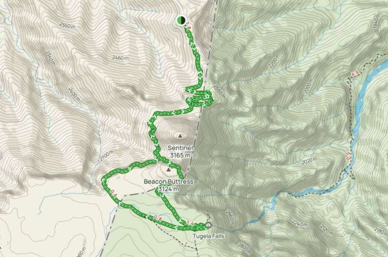 Tugela Falls hiking map, Drakensberg hikes in South Africa 