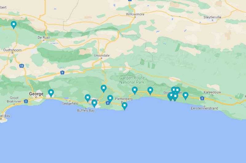 A map showing all the activites on the Garden Route