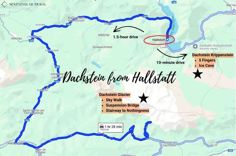 Map showing driving routes from Hallstatt to Dachstein Glacier and Dachstein Krippenstein, how to visit Dachstein map by Next Level of Travel