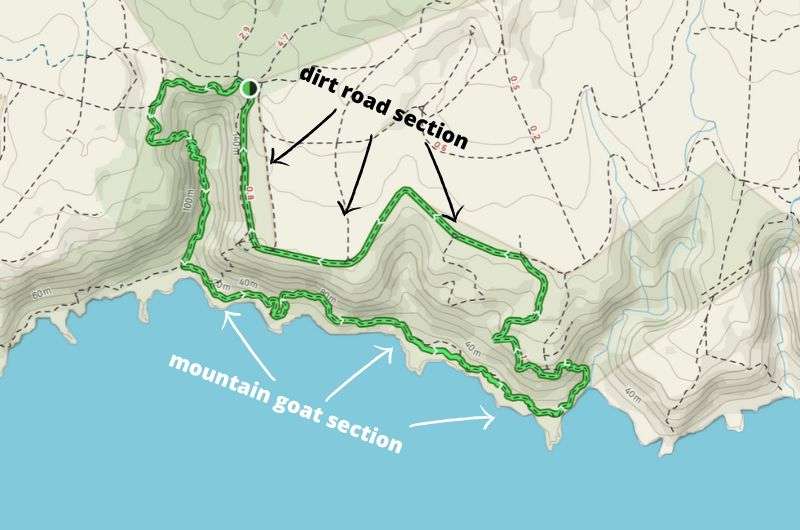 Kranshoek Coastal Trail map showing section with dirt road, Garden Route hiking trails