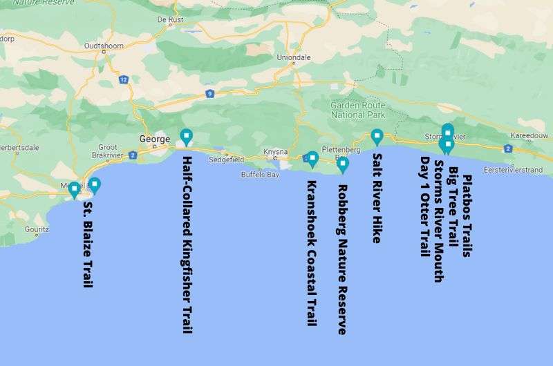 Map showing all of the best hiking trails on the Garden Route in South Africa