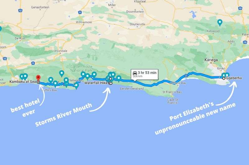 Map of the first day of this Garden Route itinerary