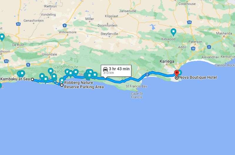 Map of the fourth day of this Garden Route itinerary