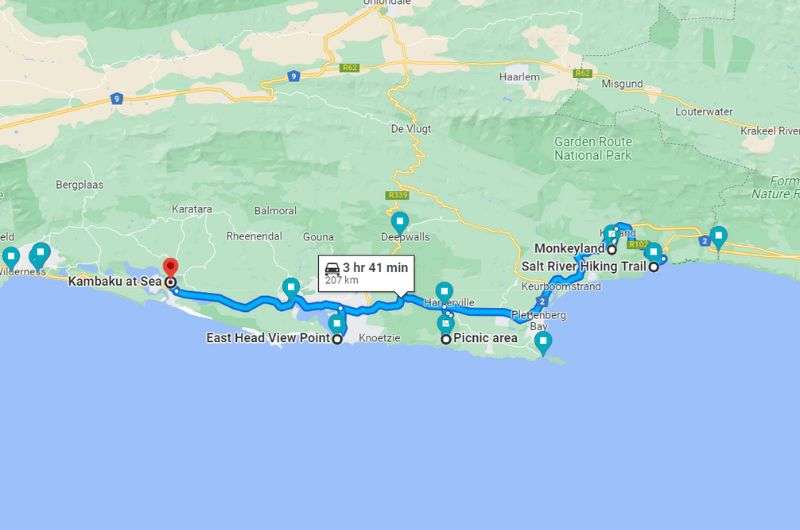 Map of the second day of this Garden Route itinerary