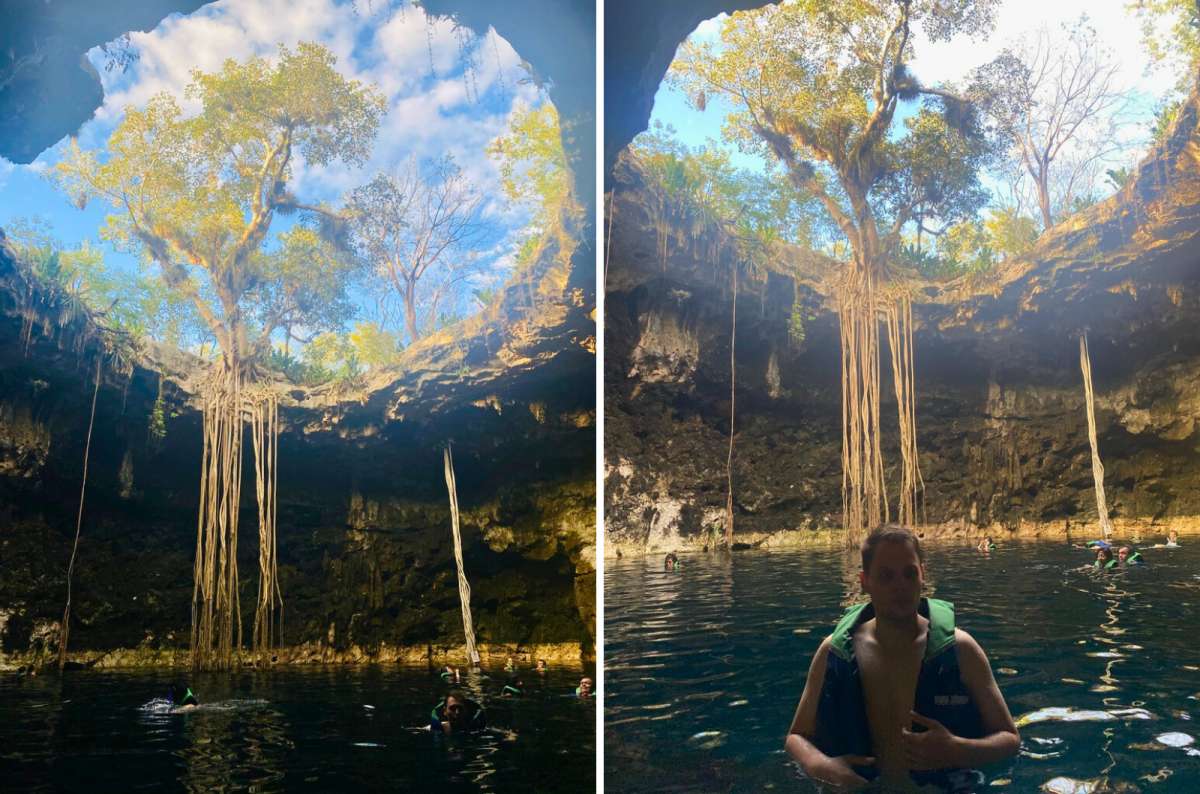 Open cenote near Tulum, Mexico, with hanging tree roots, limestone walls, and people swimming in clear freshwater below, photo by Next Level of Travel