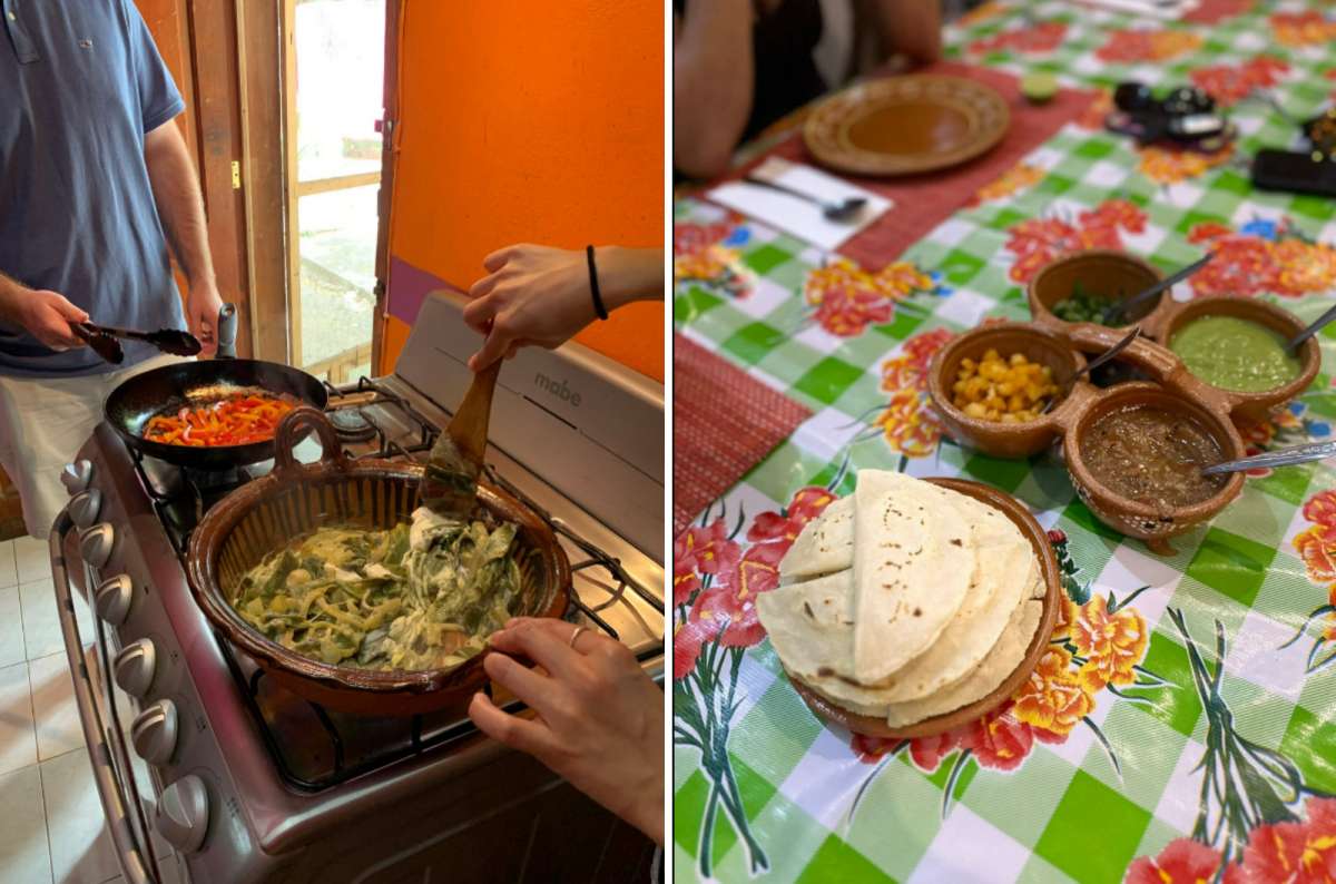 Traditional Mexican cooking class in Tulum, Mexico, with fresh ingredients being prepared on a stove and homemade tortillas served with salsas on a colorful table