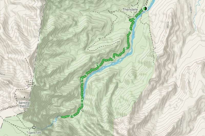 A map showing the route of the Tugela Gorge hike, Grakensberg Hiking Trails 