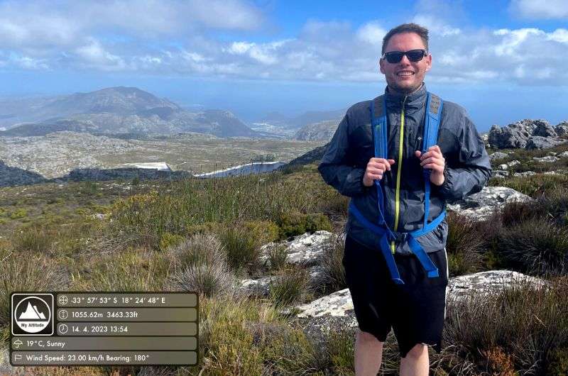 A tourist hiking on the Table Mountain, South Africa