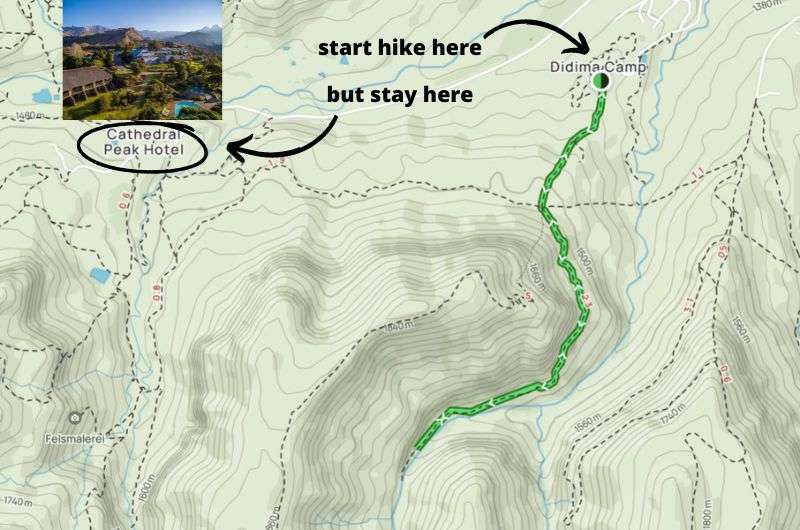 Map of Rainbow Gorge hike also showing location of Cathedral Peak Hotel, Drakensberg 