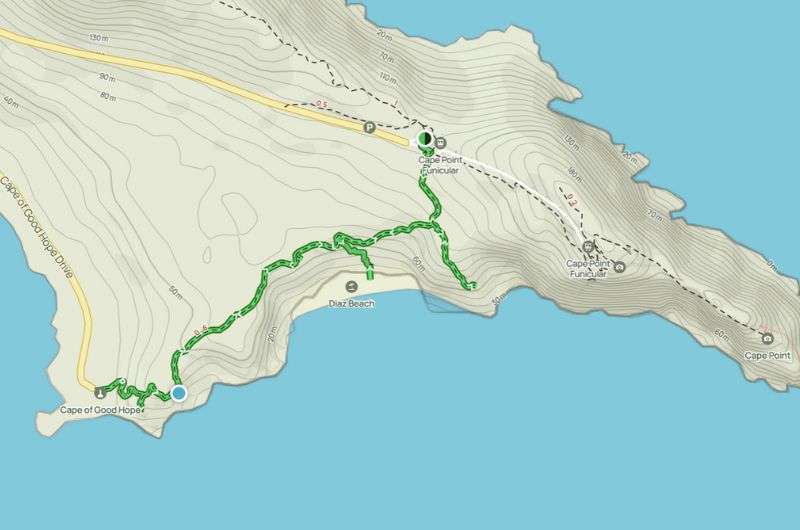 Map of the hiking trail in Cape of Good Hope, South Africa