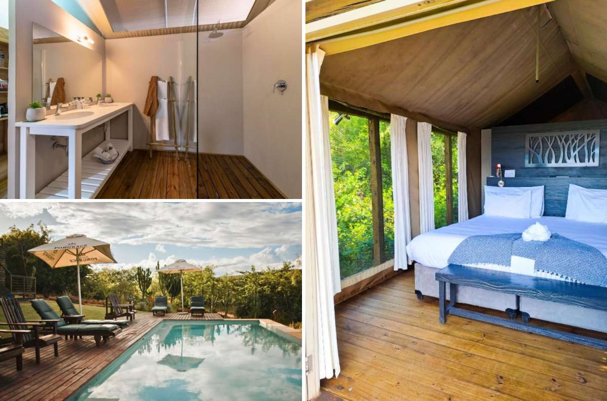 Luxury tented room, bathroom, and swimming pool at Ndhula Luxury Tented Lodge near Kruger National Park, White River, South Africa