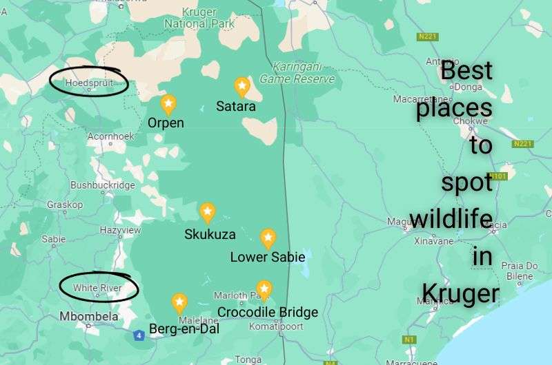 Map showing the best areas to spot wildlife in Kruger National Park, South Africa