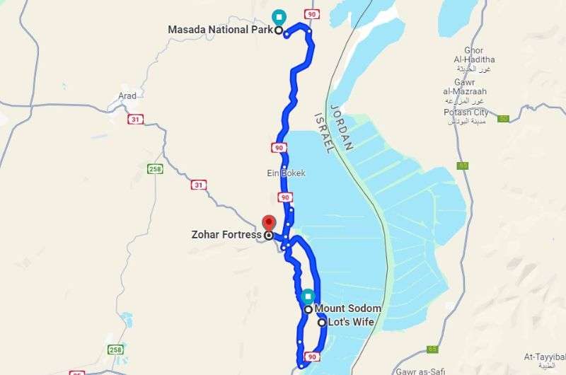 Map of the drive from Masada to Zohar Fortress