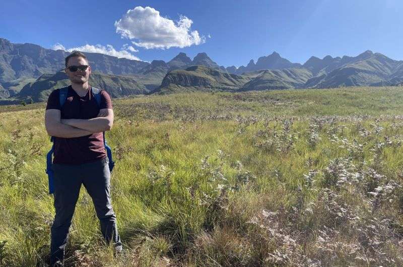 Cathedral Peak in the background on the Baboon Rock trail in Drakensberg, South Africa