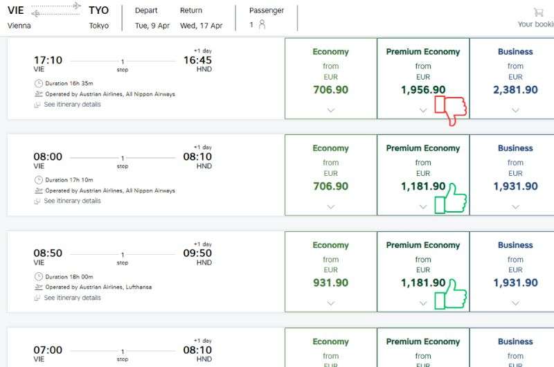 Price comparison between economy and premium economy on Austrian Airlines